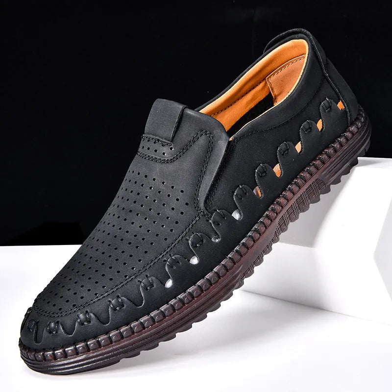 Men's brown slip-on leather casual shoes with round toe and visible stitching details