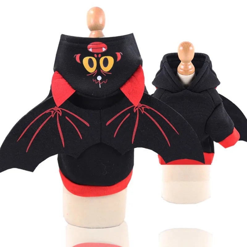 Halloween bat wings pet clothes sweater on dog with red and black wings, black fleece fabric, hooded two-legged style