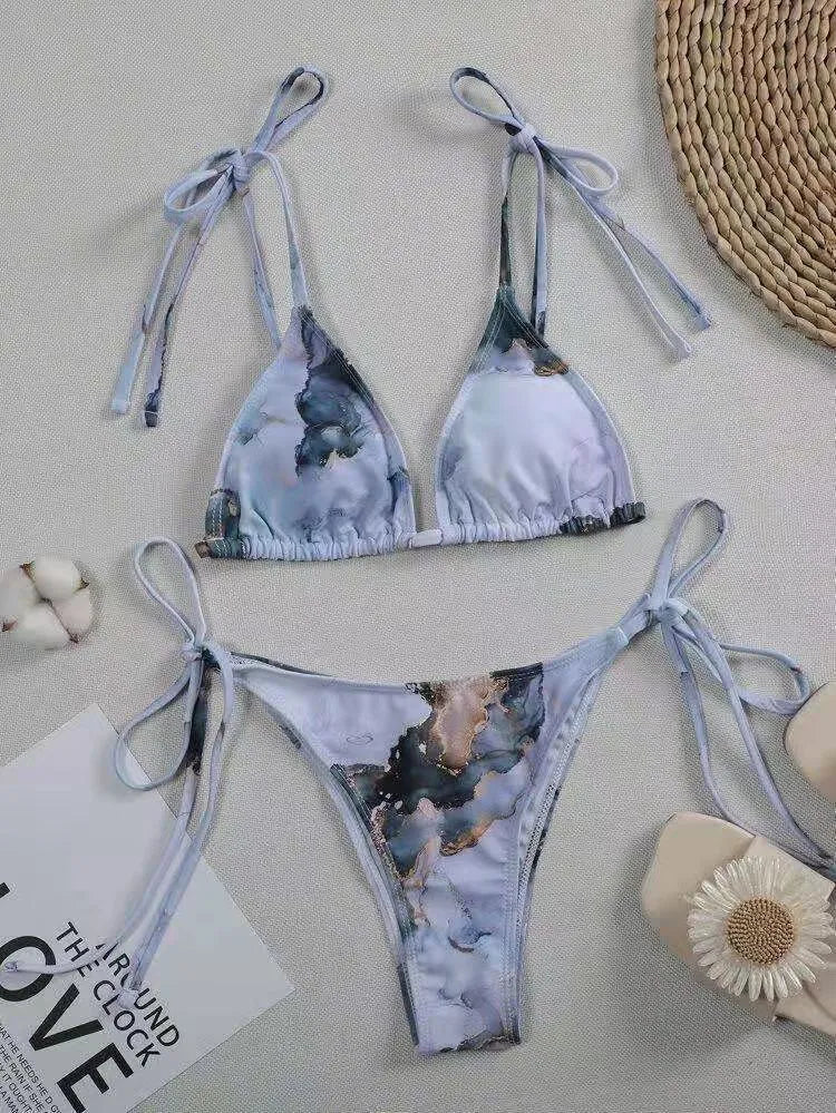 Women's marble tie-dye high-waist bikini set with U-neck top in blue colour variation