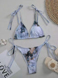 Women's marble tie-dye high-waist bikini set with U-neck top in blue colour variation