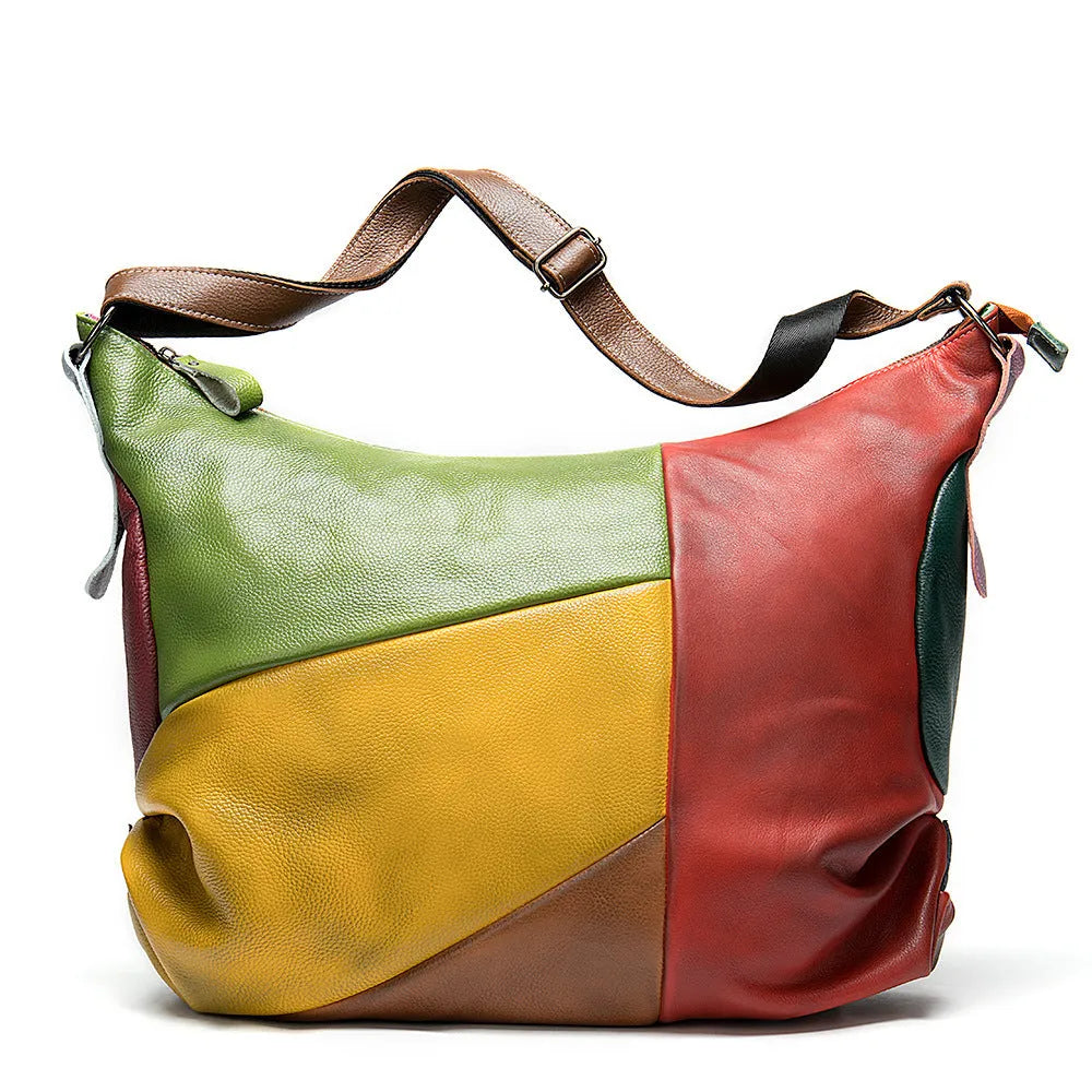 Cowhide leather crossbody shoulder travel bag showing 48cm dimensions with laptop compartment