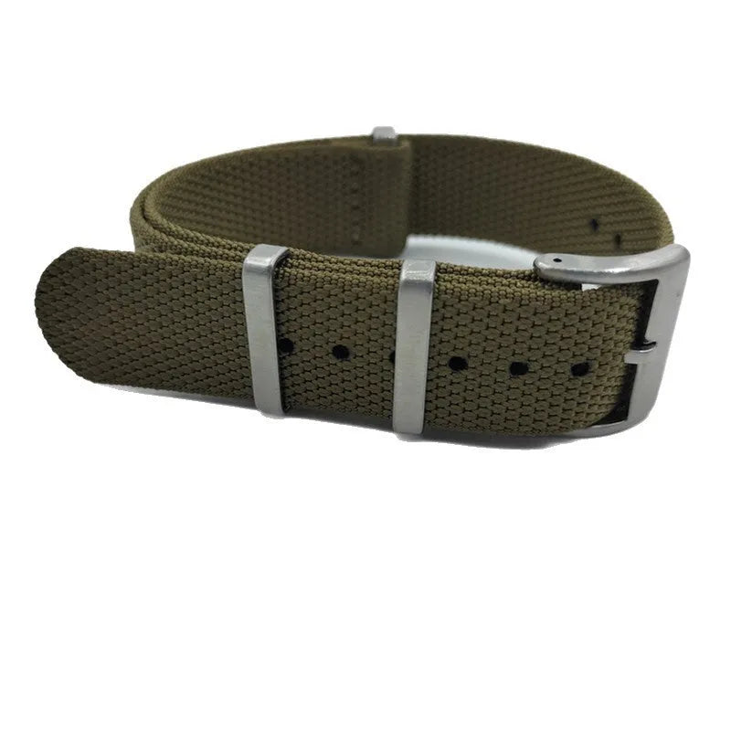 Nylon watch strap in army green colour showing 20mm width and integrated construction