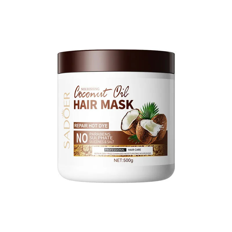 Coconut oil moisturising skin care set with 250ml emollient oil, 500ml shampoo, and 500g hair mask