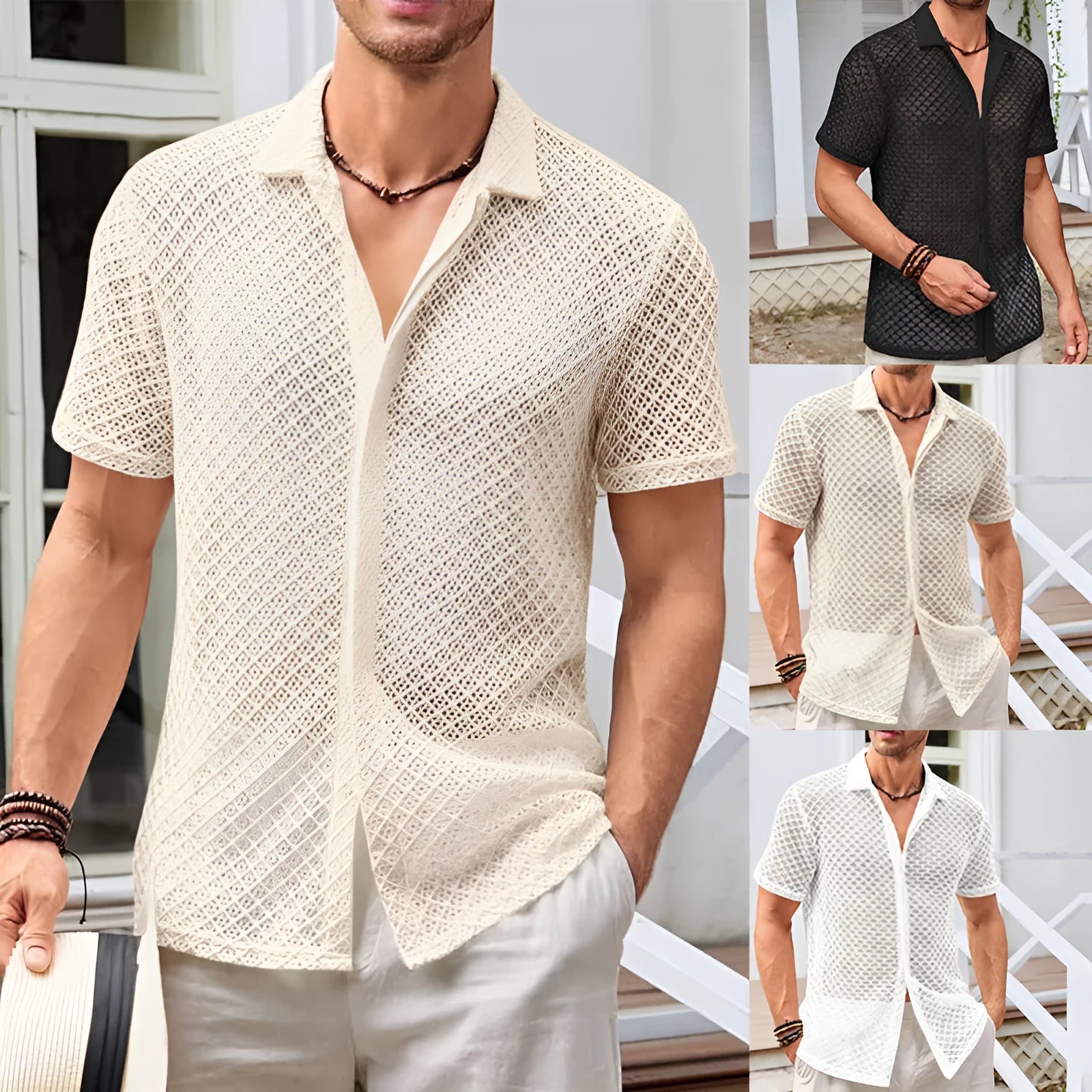 Men's short sleeve lapel shirt with mesh panels in beige, black, or white colour options