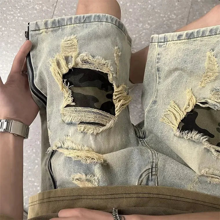 Men's summer ripped camouflage denim shorts in yellow mud cotton straight-leg fifth pants