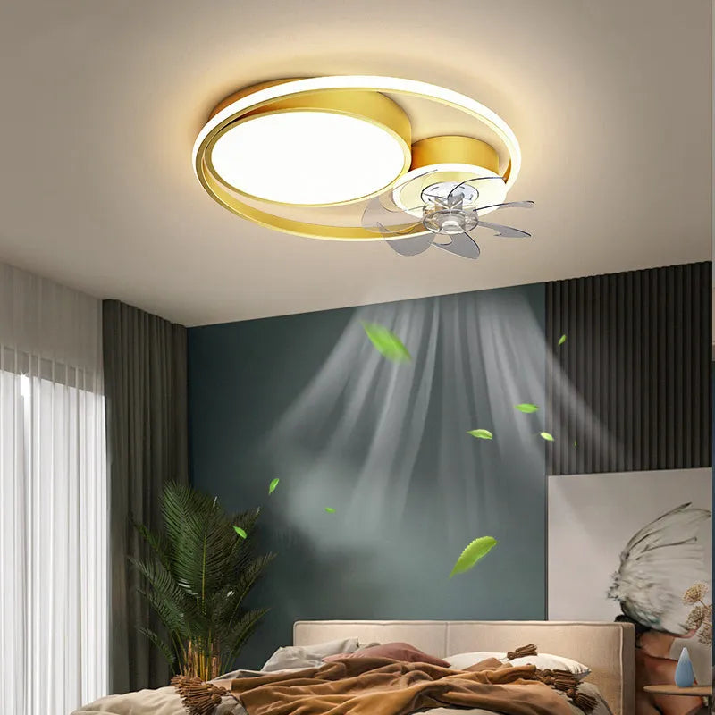 Ceiling-mounted fan light with metal blades and a white acrylic lampshade, shown in a room setting.
