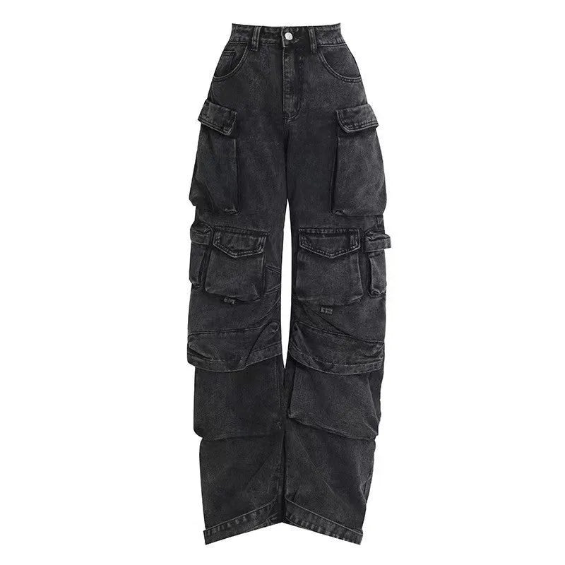 Blue tie-dye women's high waist wide leg denim trousers with multiple pockets on a mannequin.