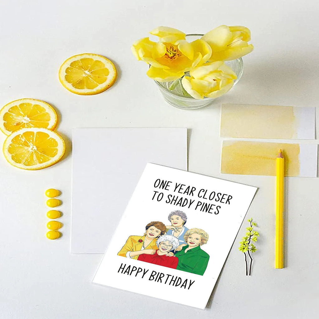 Simple printed birthday greeting card with coloured envelope options in yellow, purple, pink, red, and Kraft paper