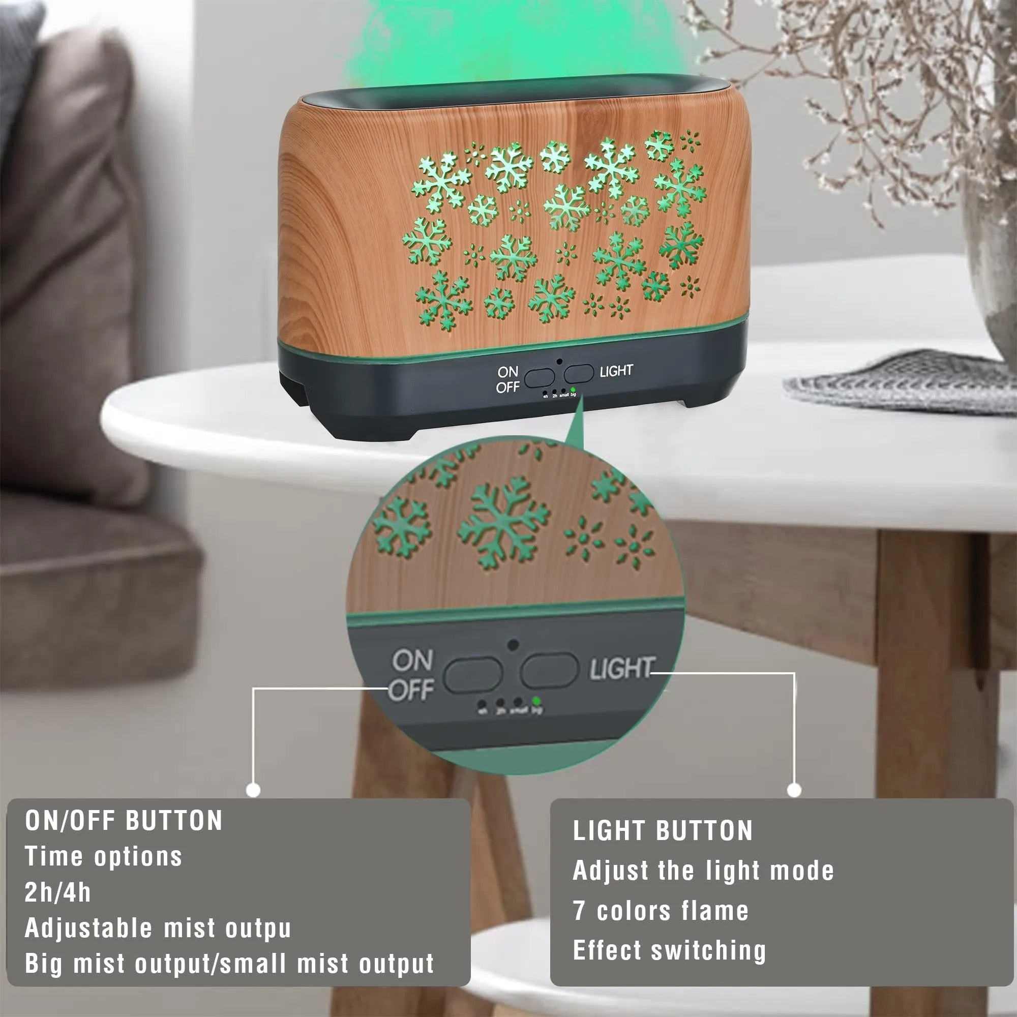 Wood grain snowflake pattern humidifier with colourful flame mist effect on desktop