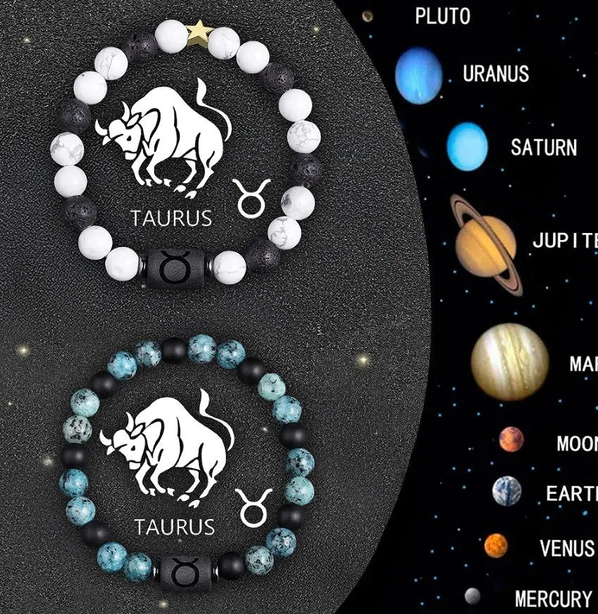 Set of twelve natural stone zodiac sign bracelets with elastic closures arranged in circle