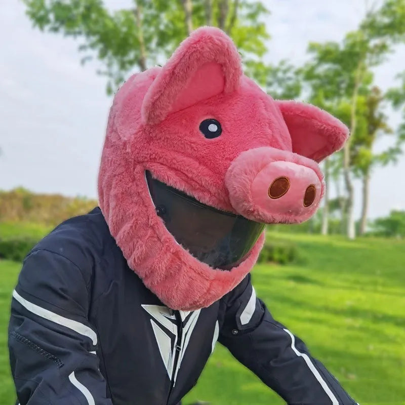 Pink pig cartoon design plush hood made from pv velvet cloth for motorcycle helmet protection.