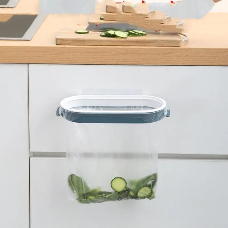 Blue plastic kitchen bin bag storage rack mounted under sink with removable shelf
