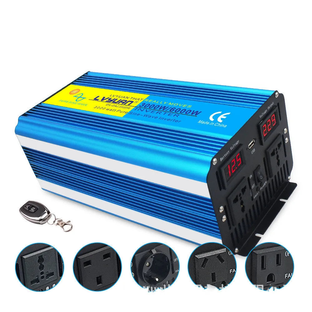Blue 3000W pure sine wave car power inverter with digital display and remote control