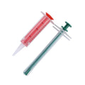 Two silica gel pet pill shooters with soft tips for administering medicine to cats and dogs.