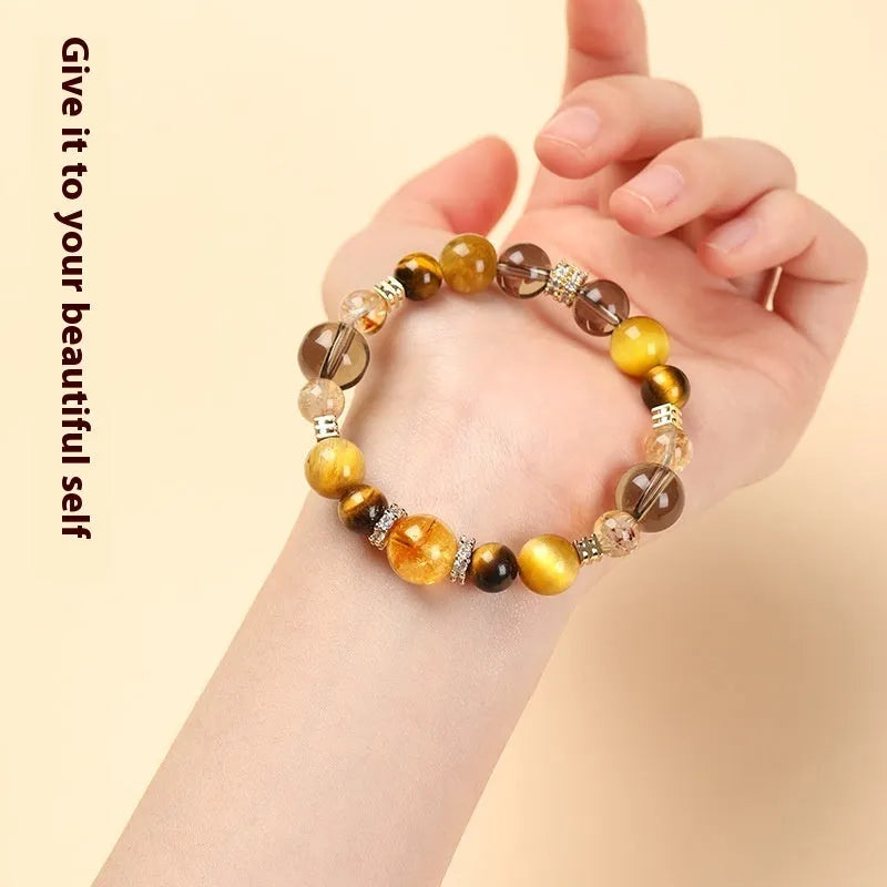 Geometric yellow crystal tiger-eye bracelet showing 10mm and 12mm size options
