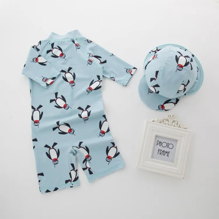 Boys' long sleeve penguin print swimsuit two-piece set with matching swimming cap
