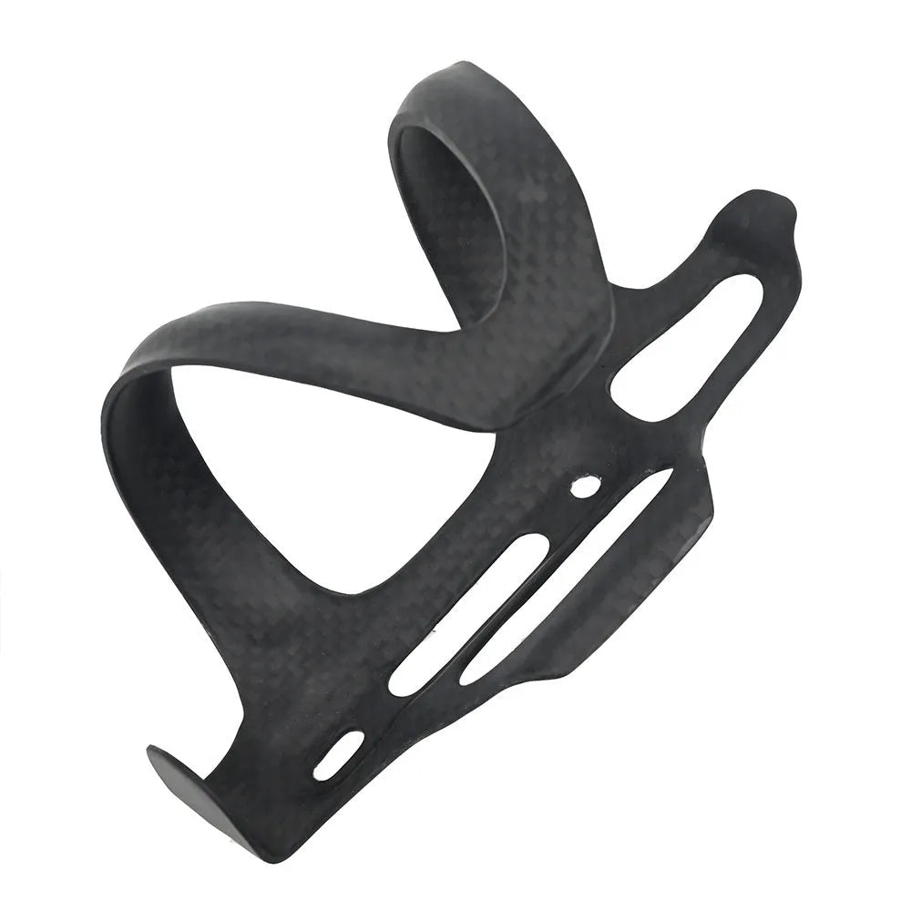 Black carbon fibre side pull bicycle water bottle cage showing mounting holes.