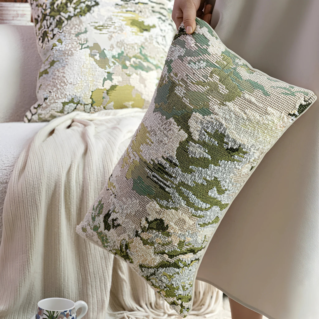 Antique green abstract floral pillow with French style botanical pattern on wool blend fabric