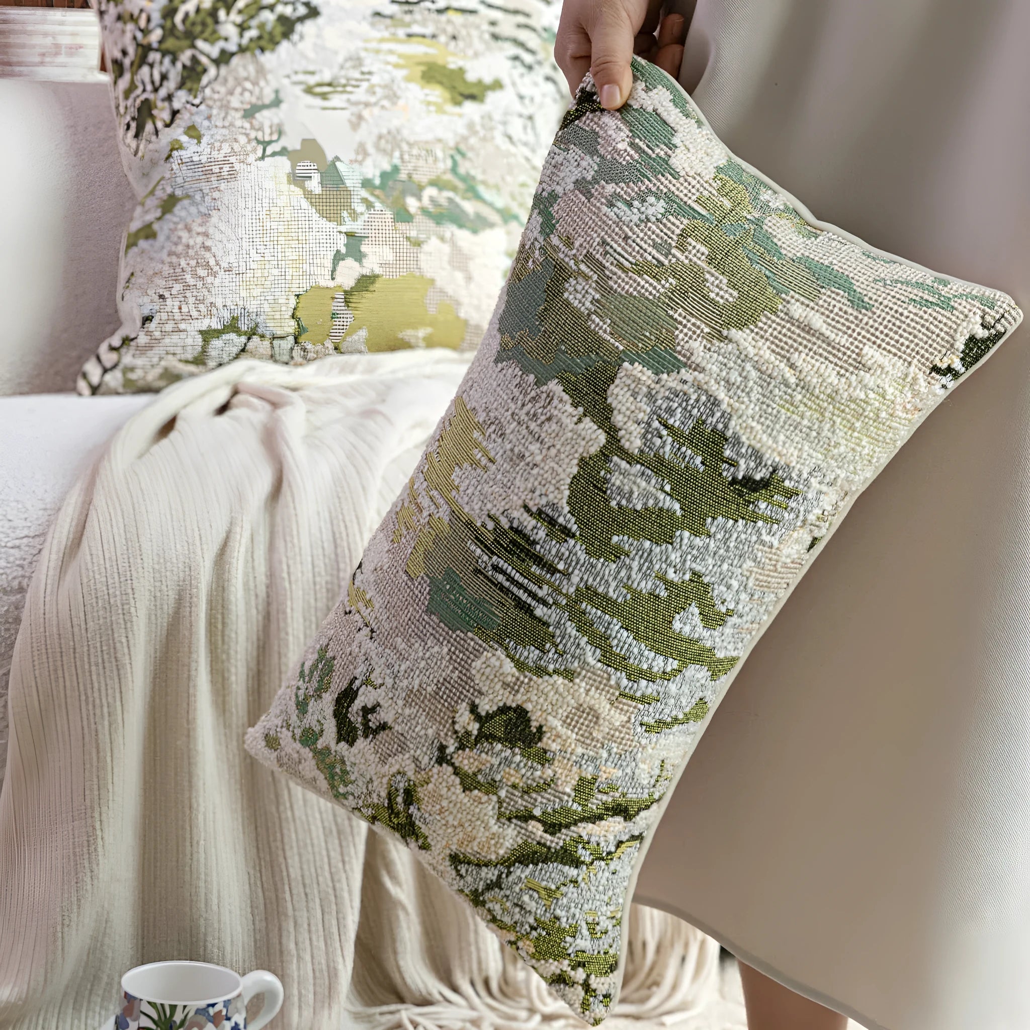 Antique green abstract floral pillow with French style botanical pattern on wool blend fabric