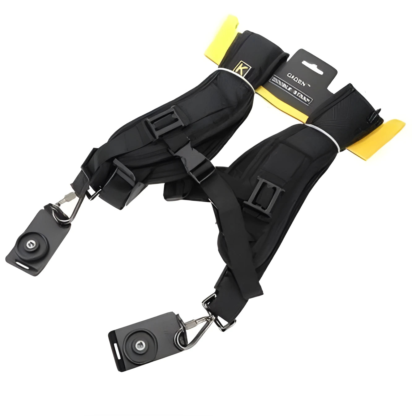 Black professional dual SLR camera strap with shoulder pads shown holding two cameras.