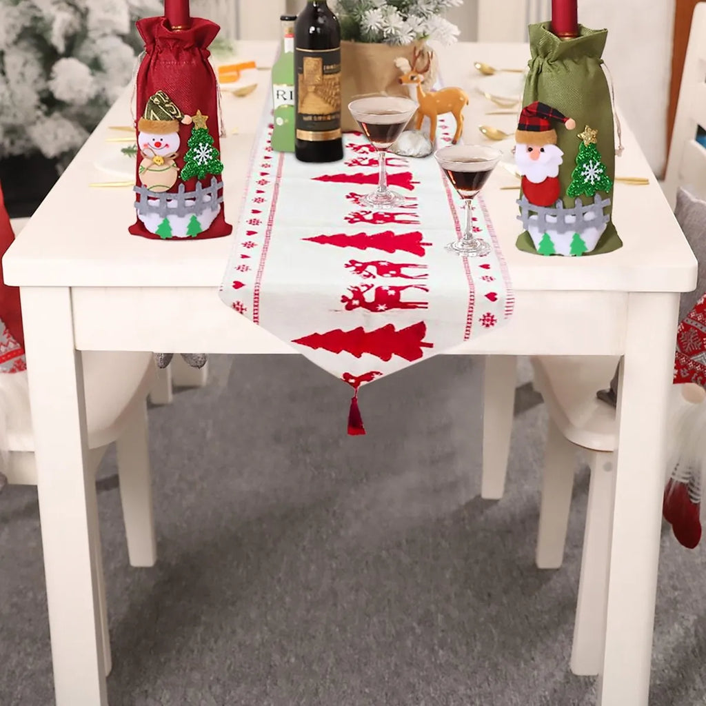 Cotton linen Christmas table runner 35x180cm with elk and snowman print for holiday dining