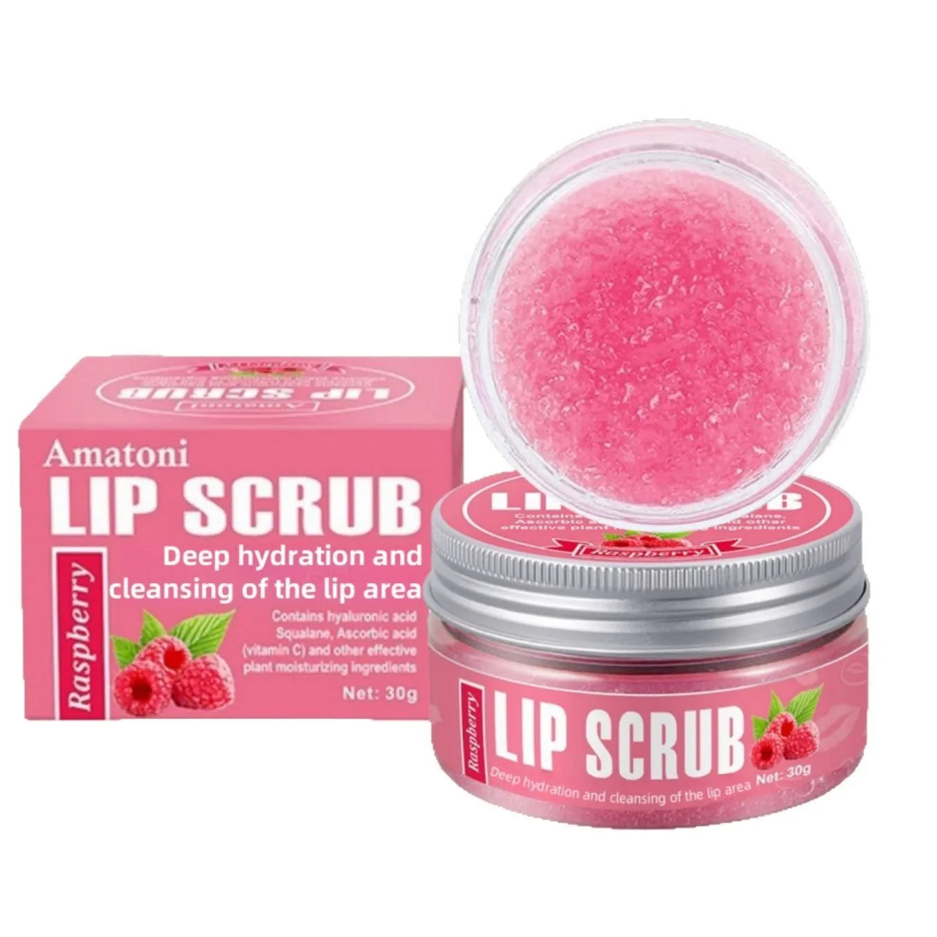 30g pot of Amatoni fruit flavour lip scrub cream in coconut, raspberry, vanilla, or watermelon