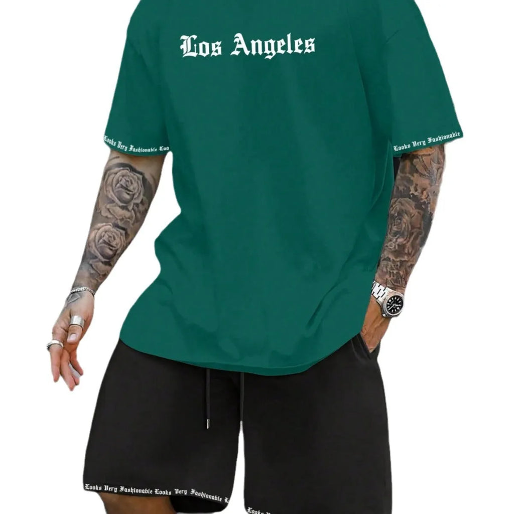 Men's navy blue printed short-sleeved top and matching shorts sports set on a white background
