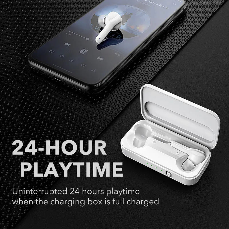 Black and white TWS wireless Bluetooth earbuds with IPX5 waterproof rating