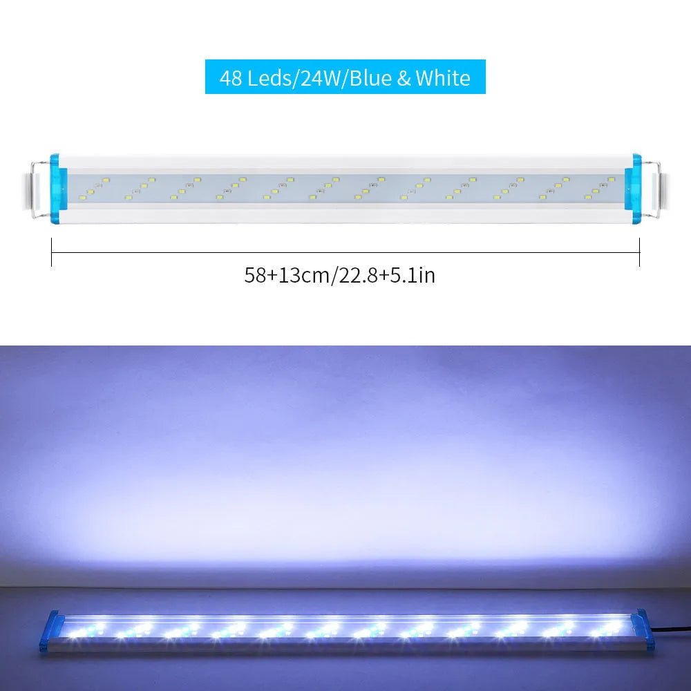 Ultra-thin LED aquarium light with blue and white illumination for fish tanks, available in sizes from 18cm to 58cm
