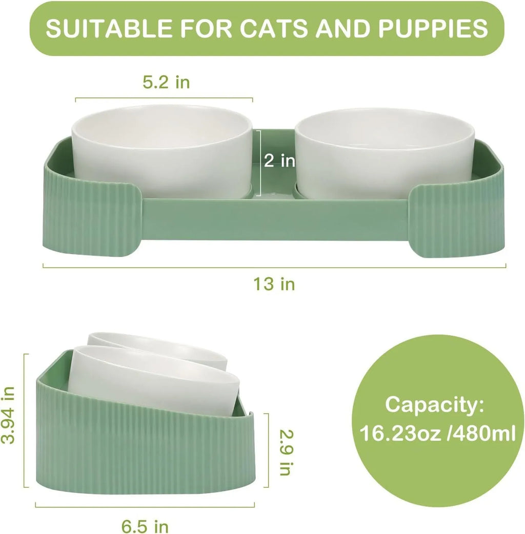 Green ceramic elevated cat bowl set with two bowls on a tilted stand for food and water.
