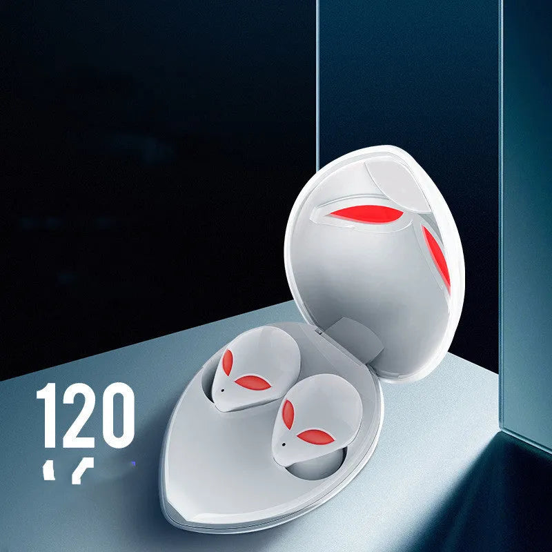 Creative Outer T8 Starman alien design Bluetooth headset with red LED lights and wireless charging case.