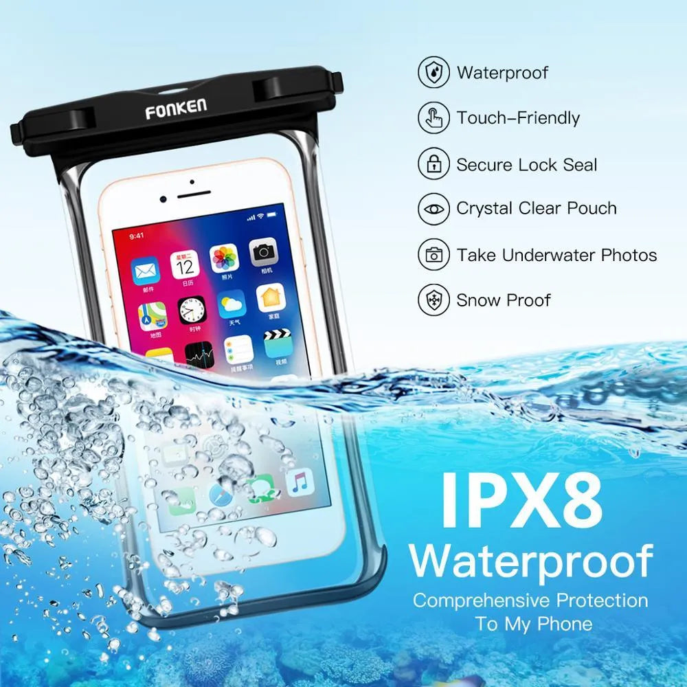 Transparent mobile phone waterproof diving bag with double ring seal, in black, holding a smartphone