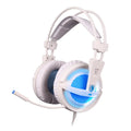 White USB gaming headset with LED lights and memory foam ear cushions on a black background.
