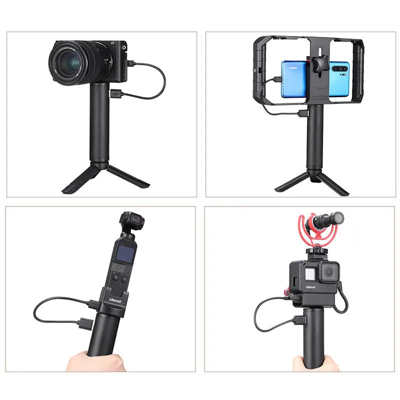 Black aluminium alloy portable power bank with a carrying handle, showing front and side views.