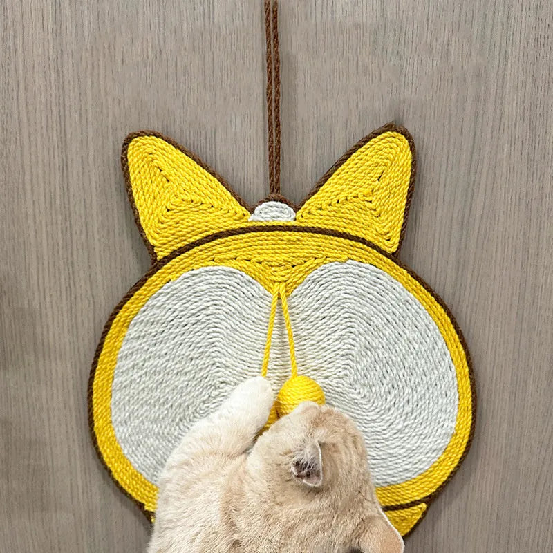 Yellow Corgi-design sisal cat scratching board with anti-slip base measuring 37x40cm