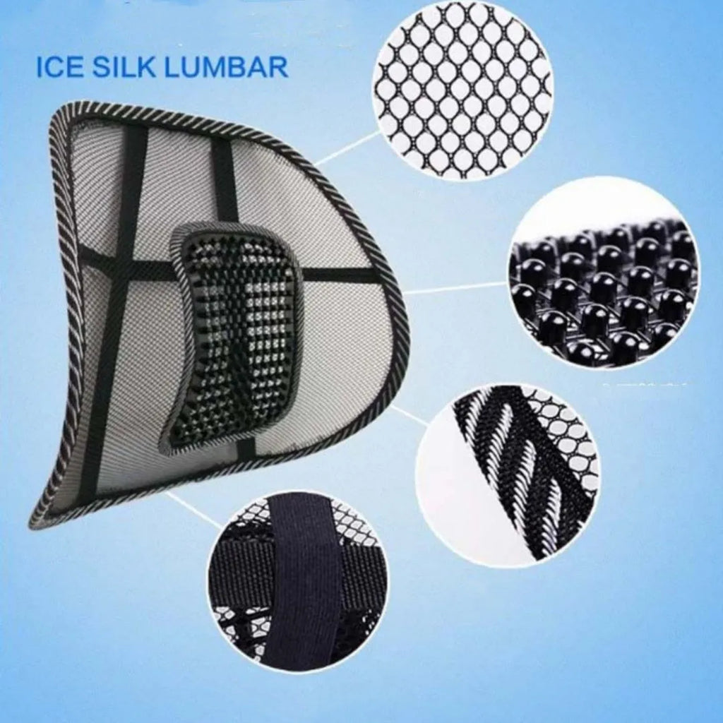 Black lumbar support pillow with steel wire frame for car and office chairs