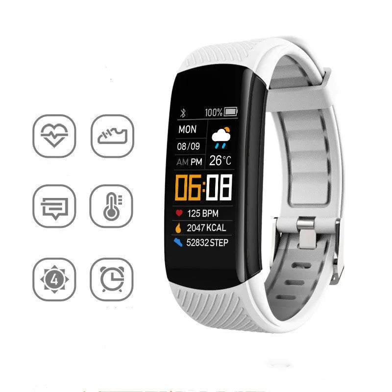 C5S model smart pedometer bracelet fitness tracker with touchscreen in various colours.