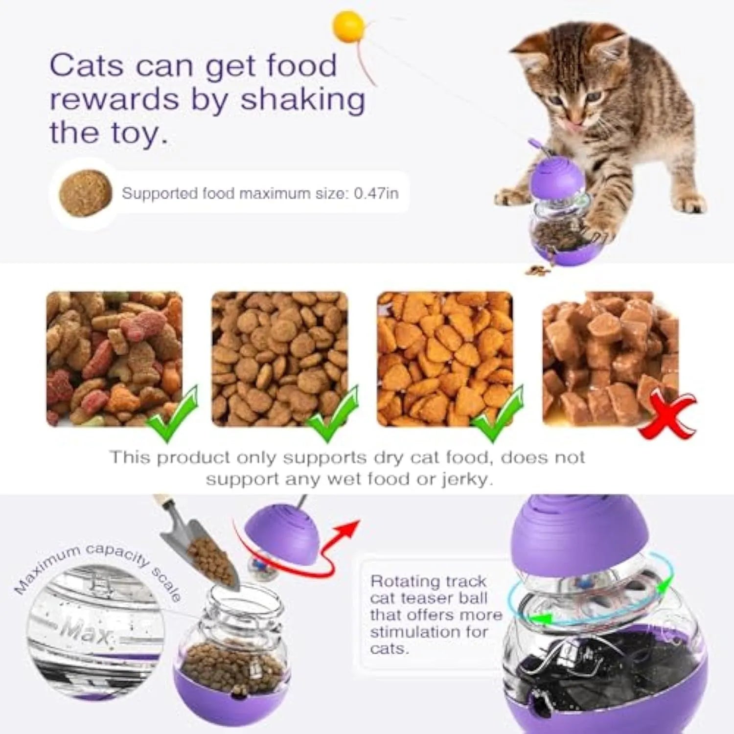 Multifunction cat interactive toy wand with slow feeder in pink, purple or yellow colours