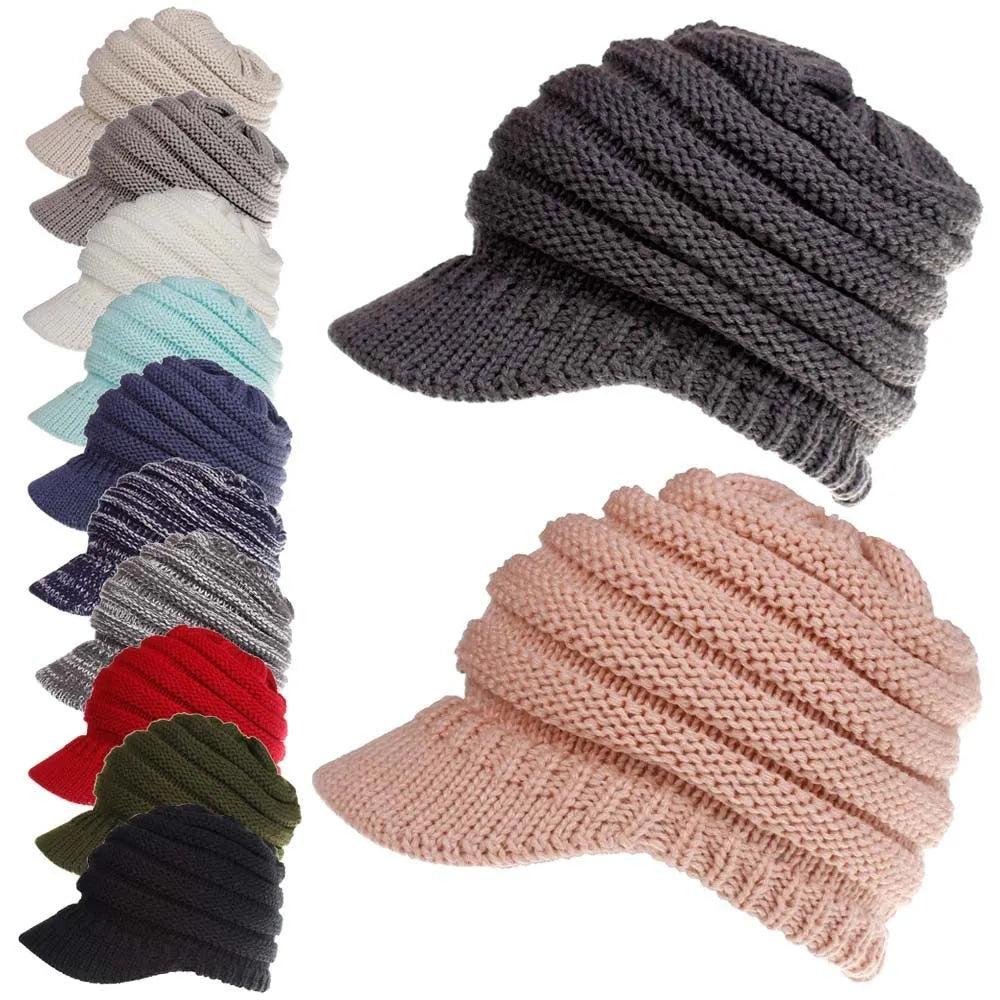 Women's thick knit ponytail beanie in acrylic yarn showing hairstyle accommodation