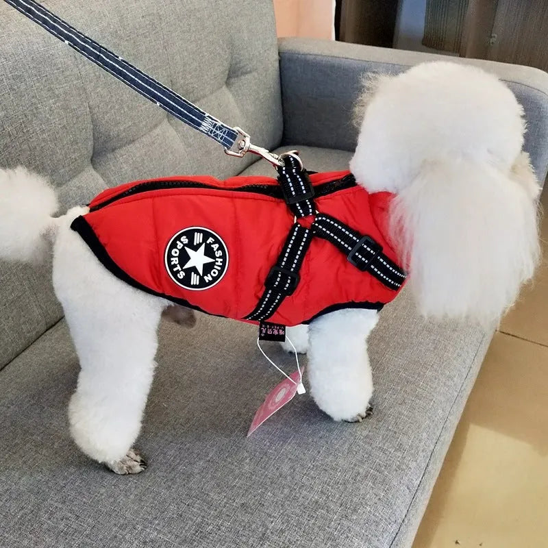 Red waterproof dog coat with harness access opening for winter weather protection