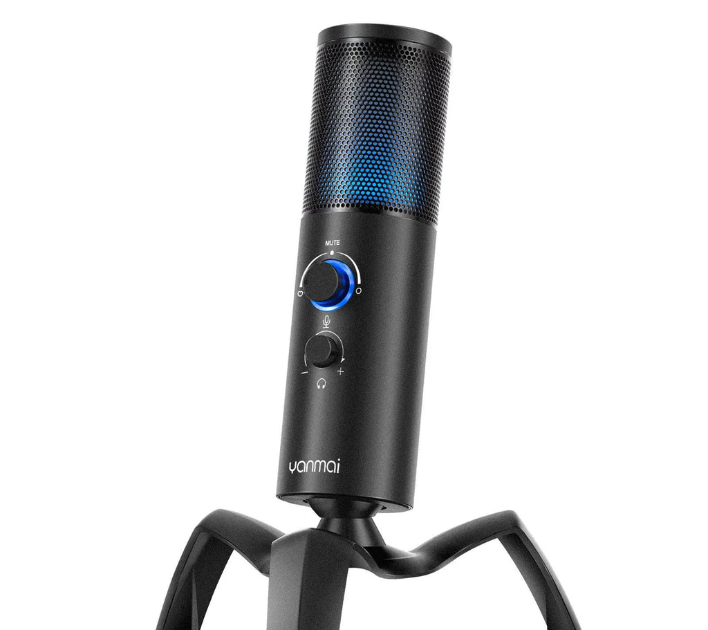 Black USB condenser microphone with RGB lighting on adjustable metal tripod