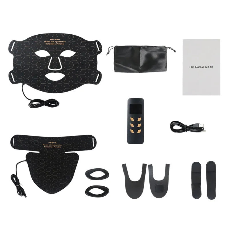 LED photon rejuvenation beauty mask with neck piece, 240 lamp beads each, black colour, scarf set option