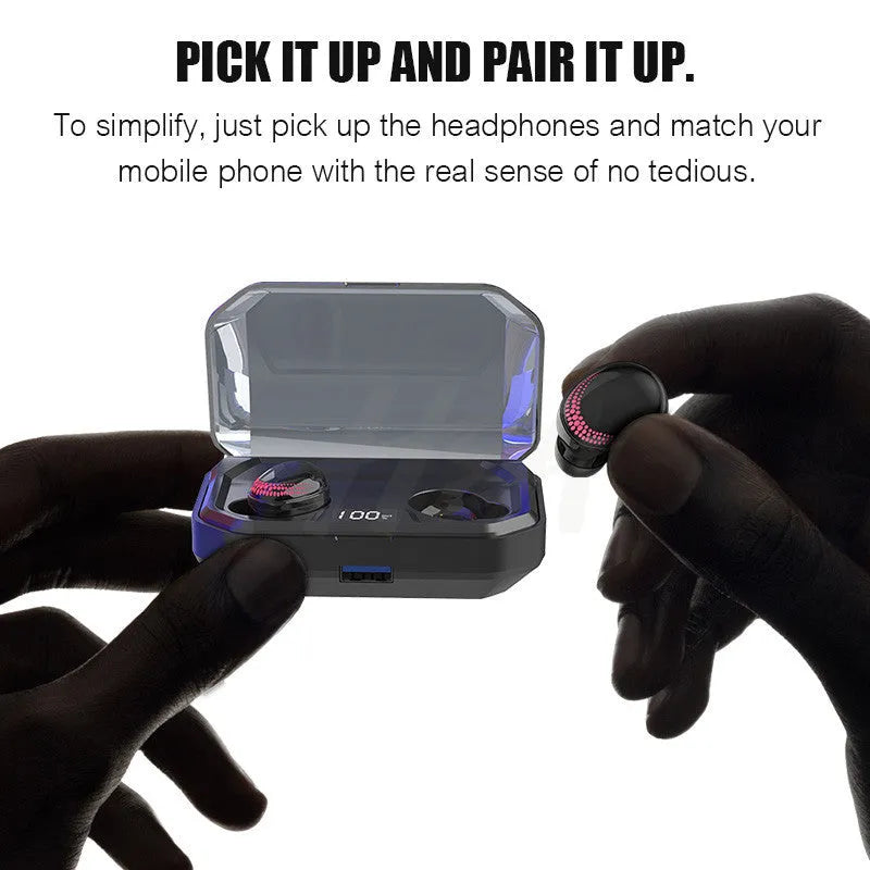 Black X10 Bluetooth wireless headset with charging case showing compact design