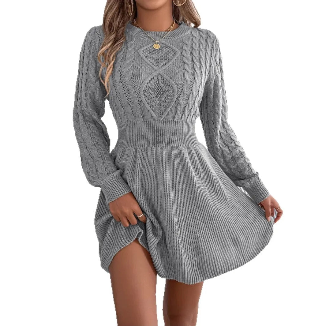Solid colour artificial fur sweater dress with lantern sleeves and an elastic twist waist.