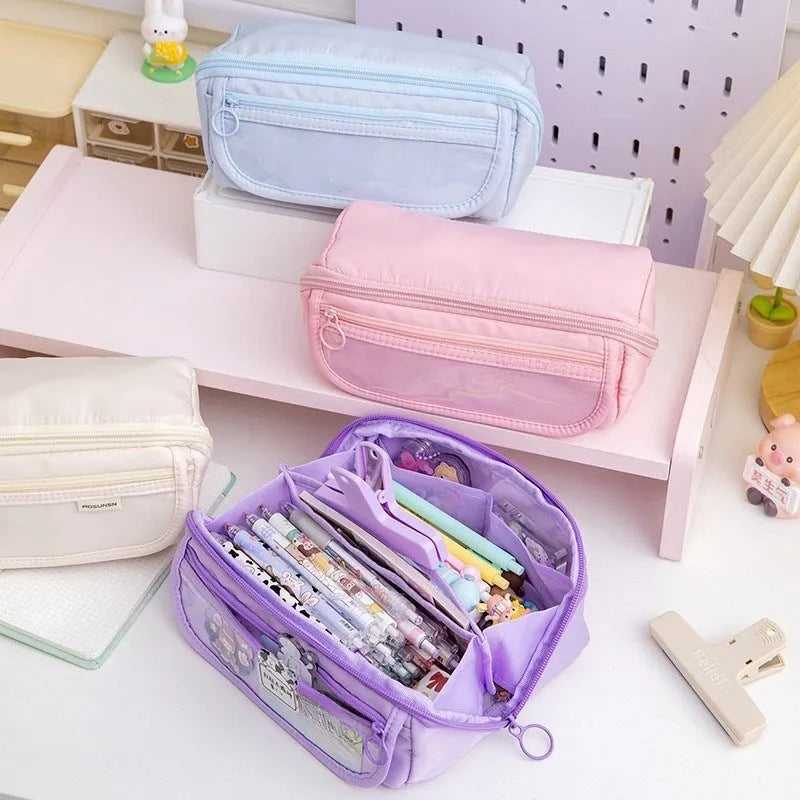 Korean-style canvas pencil box with ten-layer flip design in multiple colour options