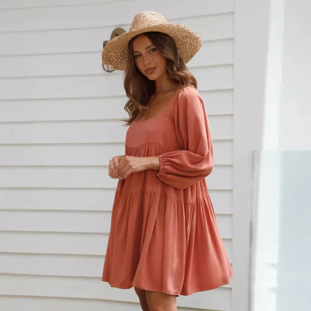 Children's square collar puff sleeve backless dress in orange with A-line skirt