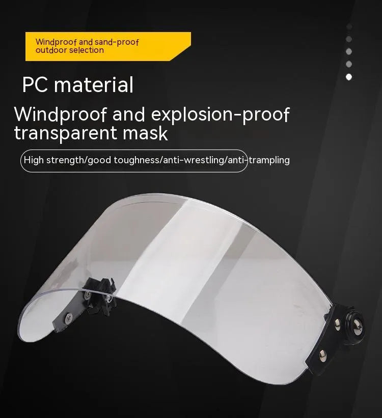 Transparent windproof polycarbonate face protection mask with semi-rimless frame and guide rail system, 30x15cm