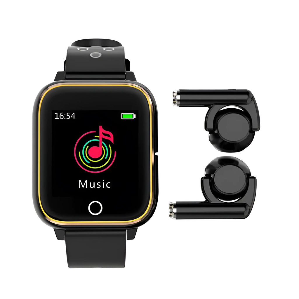 Black smart watch with integrated Bluetooth earphones showing heart rate display on 1.4-inch screen