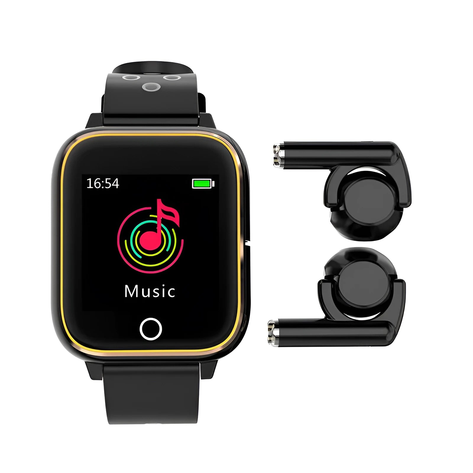 Black smart watch with integrated Bluetooth earphones showing heart rate display on 1.4-inch screen