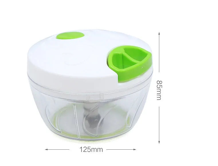 Green manual kitchen chopper with three stainless steel blades and a 500ml clear container.